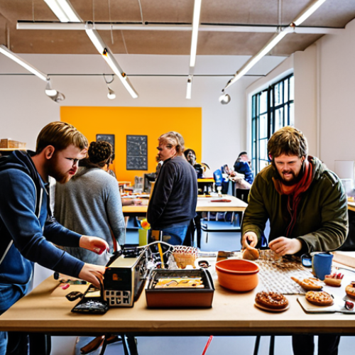 Open Source Hardware Innovation Hub**

*   **Prompt:** A brightly lit, modern workshop filled with people of diverse backgrounds collaborating on electronic projects. 3D printers hum in the background, and colorful circuit boards are scattered across workbenches. Focus on teamwork and creative energy. Swedish "fika" (coffee and pastries) on a nearby table.

**