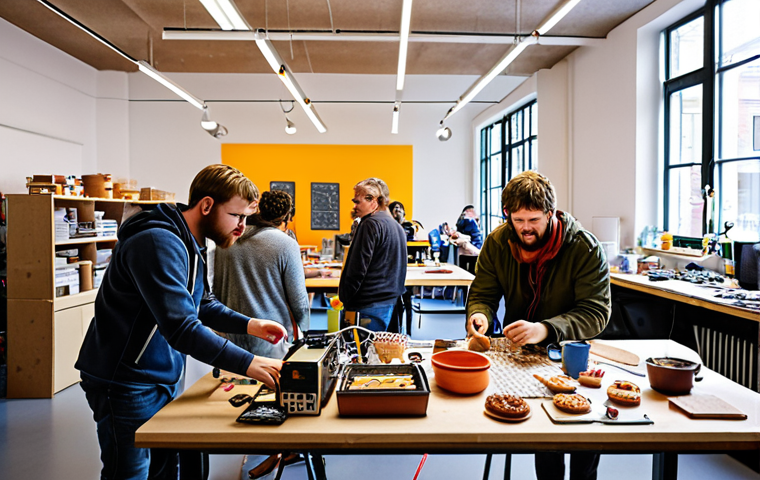Open Source Hardware Innovation Hub**
* **Prompt:** A brightly lit, modern workshop filled with people of diverse backgrounds collaborating on electronic projects. 3D printers hum in the background, and colorful circuit boards are scattered across workbenches. Focus on teamwork and creative energy. Swedish "fika" (coffee and pastries) on a nearby table.
**