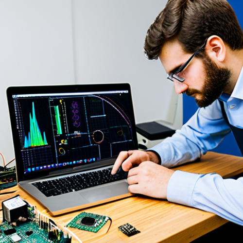 A focused individual, dressed in professional and modest business casual attire, intently working on an open-source hardware project at a clean, organized workbench. The person is examining a small circuit board, surrounded by various electronic components, development boards like Arduino or Raspberry Pi, and a laptop displaying programming code and digital schematics. A 3D printer subtly sits in the background, symbolizing local production and rapid prototyping. The scene emphasizes innovation, accessibility, and the empowerment of individual creators. fully clothed, appropriate attire, safe for work, family-friendly, perfect anatomy, correct proportions, natural pose, well-formed hands, proper finger count, natural body proportions, professional photography, high quality.