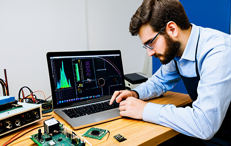 A focused individual, dressed in professional and modest business casual attire, intently working on an open-source hardware project at a clean, organized workbench. The person is examining a small circuit board, surrounded by various electronic components, development boards like Arduino or Raspberry Pi, and a laptop displaying programming code and digital schematics. A 3D printer subtly sits in the background, symbolizing local production and rapid prototyping. The scene emphasizes innovation, accessibility, and the empowerment of individual creators. fully clothed, appropriate attire, safe for work, family-friendly, perfect anatomy, correct proportions, natural pose, well-formed hands, proper finger count, natural body proportions, professional photography, high quality.