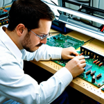 A focused individual, fully clothed in a professional yet practical long-sleeved shirt and trousers, meticulously repairing a circuit board for an open-source hardware device. They are seated at a clean, organized workbench in a modern, brightly lit workshop. Various tools, including a soldering iron and multimeter, are neatly arranged, and a digital display shows open schematics. The person demonstrates a natural pose with well-formed hands and proper finger count, embodying empowerment and the 'right to repair' movement. The atmosphere is one of innovation and sustainability. safe for work, appropriate content, fully clothed, modest, perfect anatomy, correct proportions, natural body proportions, professional photography, high quality.