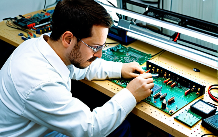 A focused individual, fully clothed in a professional yet practical long-sleeved shirt and trousers, meticulously repairing a circuit board for an open-source hardware device. They are seated at a clean, organized workbench in a modern, brightly lit workshop. Various tools, including a soldering iron and multimeter, are neatly arranged, and a digital display shows open schematics. The person demonstrates a natural pose with well-formed hands and proper finger count, embodying empowerment and the 'right to repair' movement. The atmosphere is one of innovation and sustainability. safe for work, appropriate content, fully clothed, modest, perfect anatomy, correct proportions, natural body proportions, professional photography, high quality.