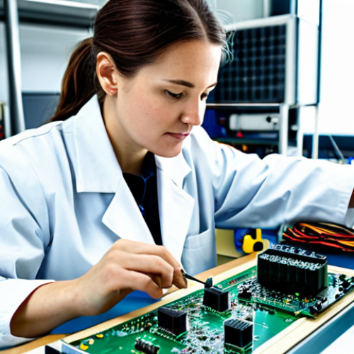 **

"A professional female engineer in a fully clothed, modest lab coat, working on a circuit board in a brightly lit workshop, surrounded by electronic equipment, safe for work, appropriate content, perfect anatomy, correct proportions, natural pose, professional photography, high quality, family-friendly."

**