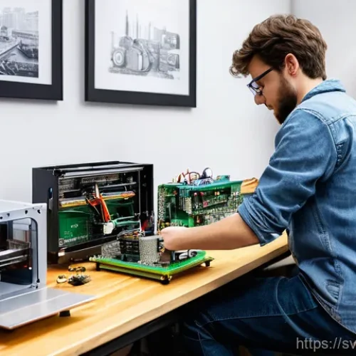 오픈소스 하드웨어의 미래 예측 - **Prompt 1: Home Workshop Innovation**
    A young, enthusiastic maker, wearing a practical denim ap...
