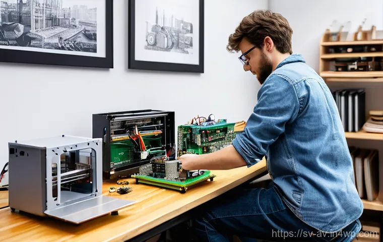 오픈소스 하드웨어의 미래 예측 - **Prompt 1: Home Workshop Innovation**
    A young, enthusiastic maker, wearing a practical denim ap...