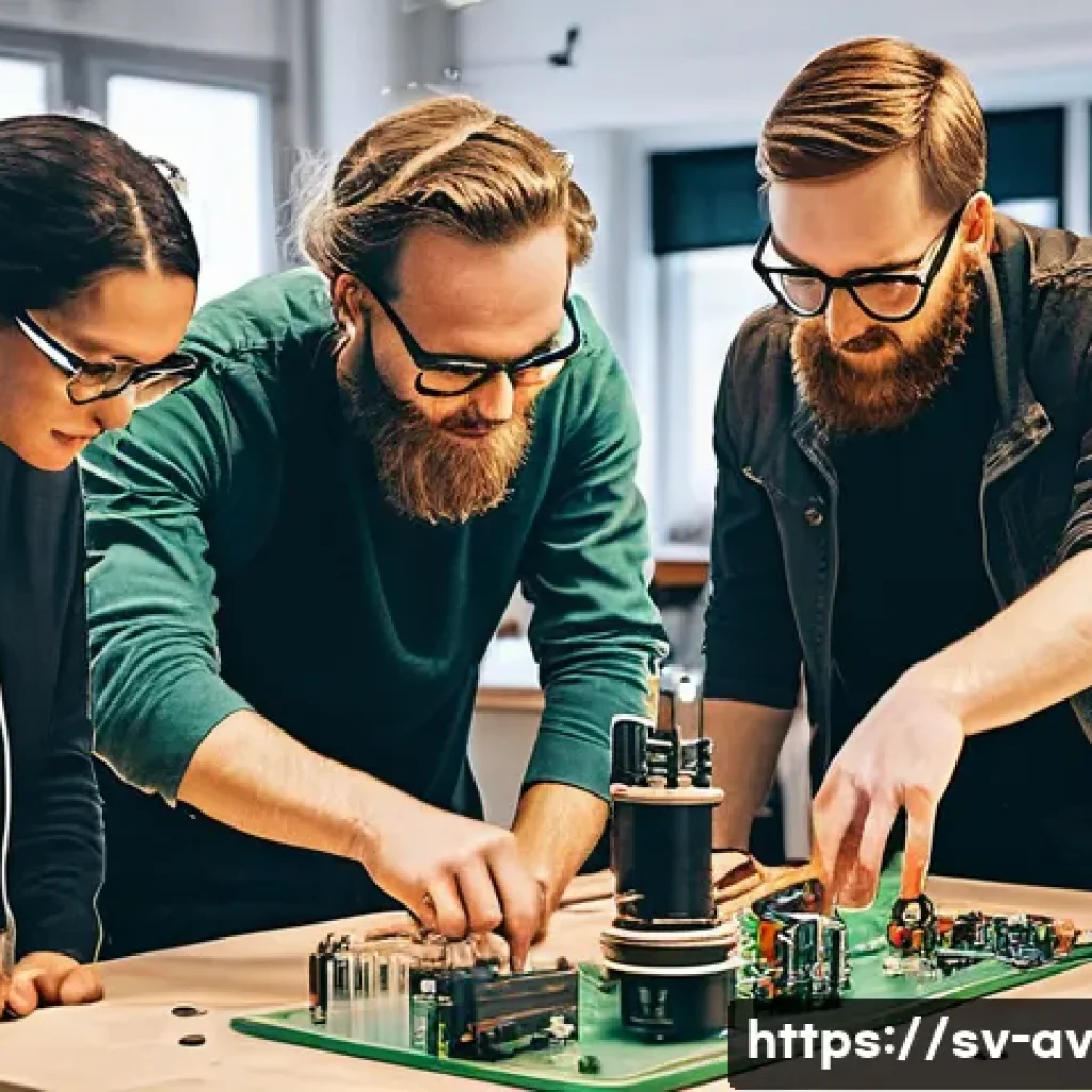 오픈소스 하드웨어를 활용한 사회적 기업 - A diverse group of social entrepreneurs and community members collaborating in a bright, modern make...