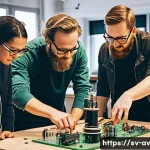 오픈소스 하드웨어를 활용한 사회적 기업 - A diverse group of social entrepreneurs and community members collaborating in a bright, modern make...