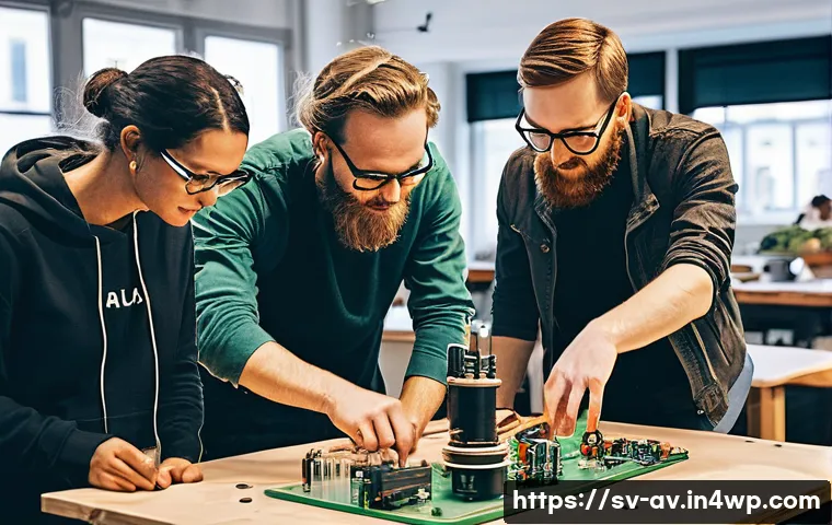 오픈소스 하드웨어를 활용한 사회적 기업 - A diverse group of social entrepreneurs and community members collaborating in a bright, modern make...